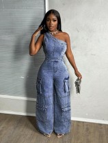 Single Shoulder Washed Loose Denim Jumpsuit LX-3583
