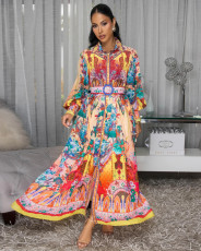 Colorful Printed Casual Belt Long Dress XHXF-974