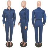 Long Sleeve Lapel Denim Jumpsuit LX-8604