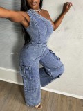 Single Shoulder Washed Loose Denim Jumpsuit LX-3583