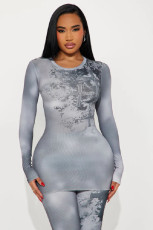 Print Long Sleeve Slim Micro Flare Pants Suit GBGF-258301