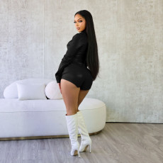 PU Leather Zipper Coat Two Piece Shorts Set YS-2506