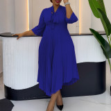 Plus Size 3/4 Sleeve Tie Up Press Pleated Midi Dress GCZF-8639