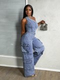 Single Shoulder Washed Loose Denim Jumpsuit LX-3583