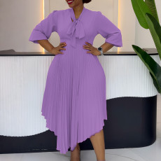 Plus Size 3/4 Sleeve Tie Up Press Pleated Midi Dress GCZF-8639