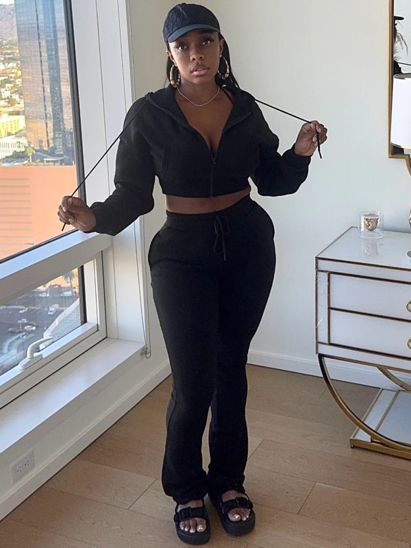 Fleece Hooded Sweatshirt Wide-Leg Pants Suit CH-25057