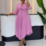 Plus Size 3/4 Sleeve Tie Up Press Pleated Midi Dress GCZF-8639