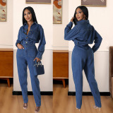 Long Sleeve Lapel Denim Jumpsuit LX-8604