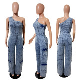 Single Shoulder Washed Loose Denim Jumpsuit LX-3583