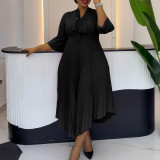 Plus Size 3/4 Sleeve Tie Up Press Pleated Midi Dress GCZF-8639