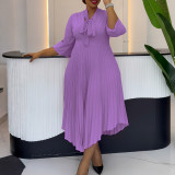 Plus Size 3/4 Sleeve Tie Up Press Pleated Midi Dress GCZF-8639