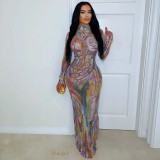 Print Hot Drill Long Sleeve Maxi Dress SHMF-6203
