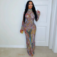 Print Hot Drill Long Sleeve Maxi Dress SHMF-6203