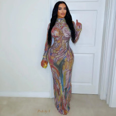 Print Hot Drill Long Sleeve Maxi Dress SHMF-6203