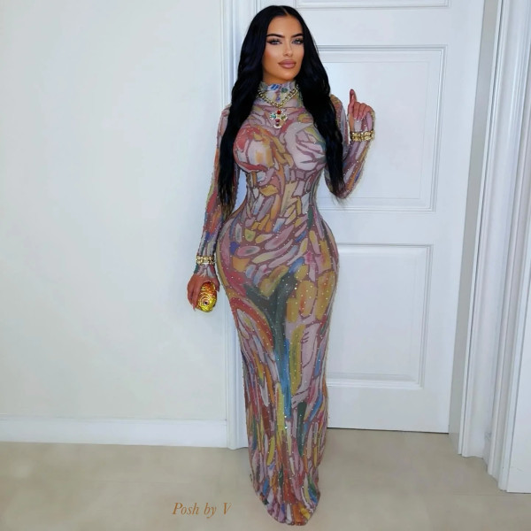 Print Hot Drill Long Sleeve Maxi Dress SHMF-6203