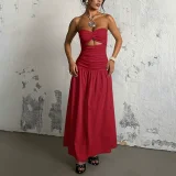 Solid Color Wrap Chest Hollow Out Maxi Dress SUM-YJ24627PFO