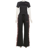 O Neck Embroidered T-Shirt with Fringe Wide-Leg Pants Set GSLF-K23S40781