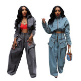 Casual Loose Zipper Denim Two Piece Pants Set GZCF-30059