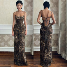 Leopard Print Backless Halterneck Maxi Dress SUM-CF24216SKO