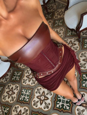 Solid Color Leather Wrap Chest Skirt Suit GPKJ-MR26438/26437