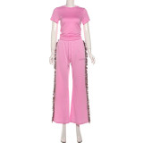 O Neck Embroidered T-Shirt with Fringe Wide-Leg Pants Set GSLF-K23S40781