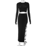 Solid Color Long Sleeve Bandage Skirt Two Piece Set GSZM-D23ST272
