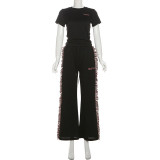 O Neck Embroidered T-Shirt with Fringe Wide-Leg Pants Set GSLF-K23S40781