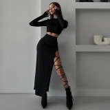 Solid Color Knits Long Sleeve Bandage Skirt Suit SUM-XY23461G1