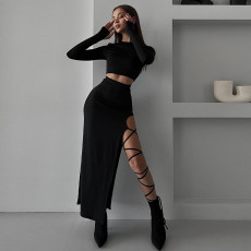 Solid Color Knits Long Sleeve Bandage Skirt Suit SUM-XY23461G1