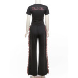 O Neck Embroidered T-Shirt with Fringe Wide-Leg Pants Set GSLF-K23S40781