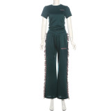 O Neck Embroidered T-Shirt with Fringe Wide-Leg Pants Set GSLF-K23S40781