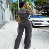 O Neck Embroidered T-Shirt with Fringe Wide-Leg Pants Set GSLF-K23S40781