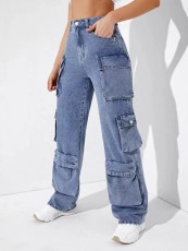 Multi-pockets Washed Straight Jeans GZCF-3015