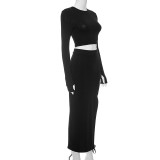 Solid Color Long Sleeve Bandage Skirt Two Piece Set GSZM-D23ST272