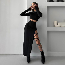 Solid Color Long Sleeve Bandage Skirt Two Piece Set GSZM-D23ST272
