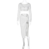 Long Sleeve V Neck Split Skirt 2 Piece Set LJSF-S3713419W