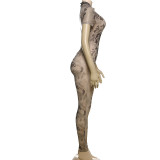 Mesh Print Short Sleeve Jumpsuit XEF-K24Q47149