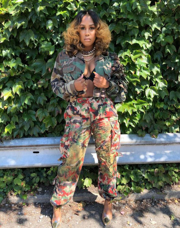 Camouflage Print Ruffles Two Piece Pants Set FYWF-DF0721