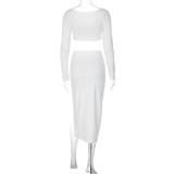 Long Sleeve V Neck Split Skirt 2 Piece Set LJSF-S3713419W