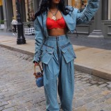Retro Denim Long Sleeve Loose Jeans Suit GSYI-30059