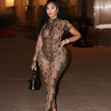 Mesh Print Short Sleeve Jumpsuit XEF-K24Q47149