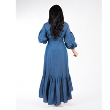 Ruffles Lantern Sleeve V-neck Denim Midi Dress FYWF-DF0617