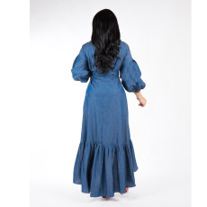 Ruffles Lantern Sleeve V-neck Denim Midi Dress FYWF-DF0617