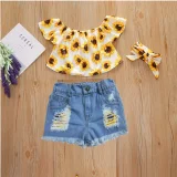 Kids Girl Print Tops And Holes Denim Shorts Suit YKTZ-2022