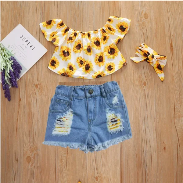 Kids Girl Print Tops And Holes Denim Shorts Suit YKTZ-2022
