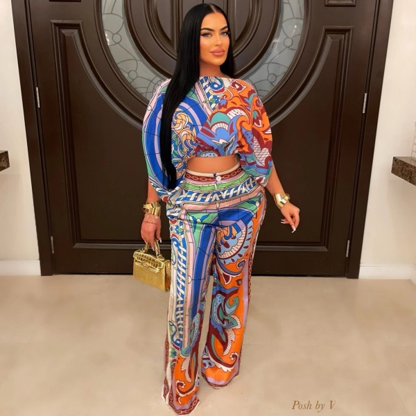 Lantern Sleeve Printed Two Piece Pants Set FYWF-YW0863