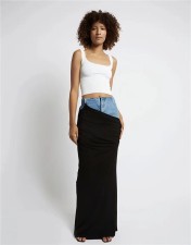 Pleated Color Block Patchwork Deniim Long Skirt GSYI-30018
