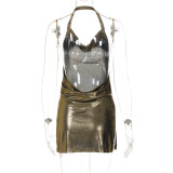 Solid Color Backless Halterneck Mini Dress LJSF-D217593W