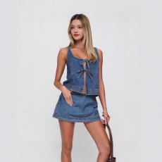 Sleeveless Tie Up Tank Top Skirts Denim Suit GMWF-666888
