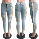 Plus Size Fashion Holes Tassel Tight Jeans ONY-3658